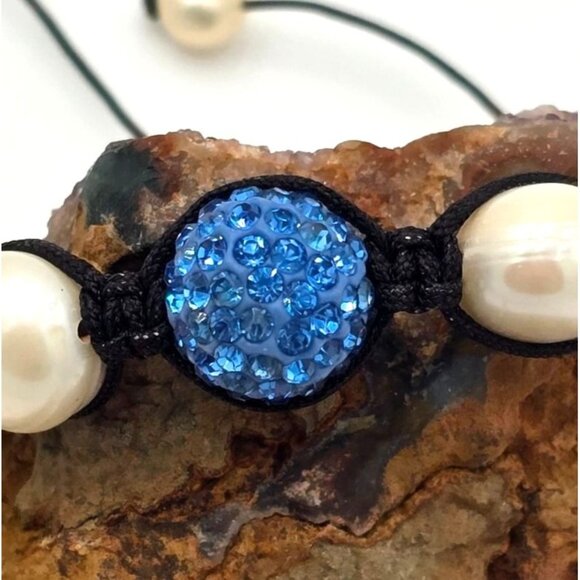 Freshwater 12mm Pearl Shamballa Bracelet Blue Austrian Crystals Adjustable - Picture 2 of 6